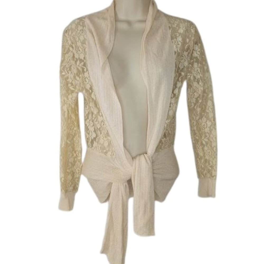 Shoreline Womens Wrap Cardigan Creamy Beige Knit Lace Tie Hem L